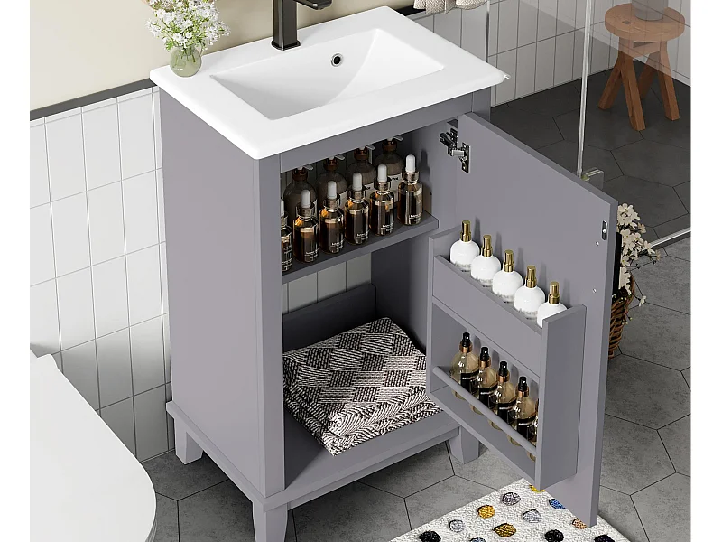 Meuble de salle de bain sur pied - avec une vasque en céramique - 1 porte - étagères réglables - Gris(robinet non inclus)