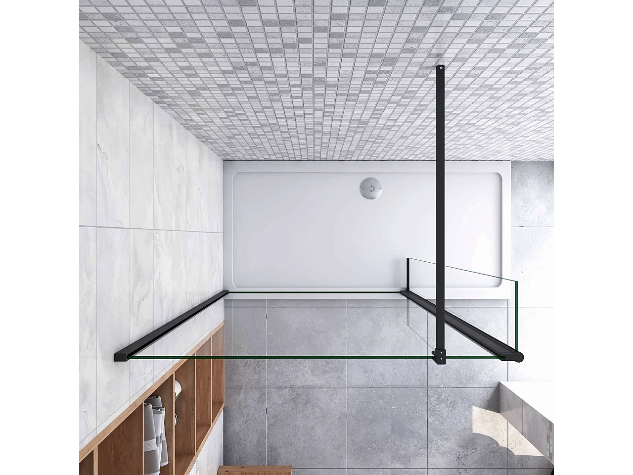 Inloopdouche-douchewand-walk in 8mm NANO EasyClean veiligheidsglas,130x200cm+40x200cm draaibaar hoekprofiel+F-vorm: 90 Stabilisatiestang,mat zwart aluminium profiel