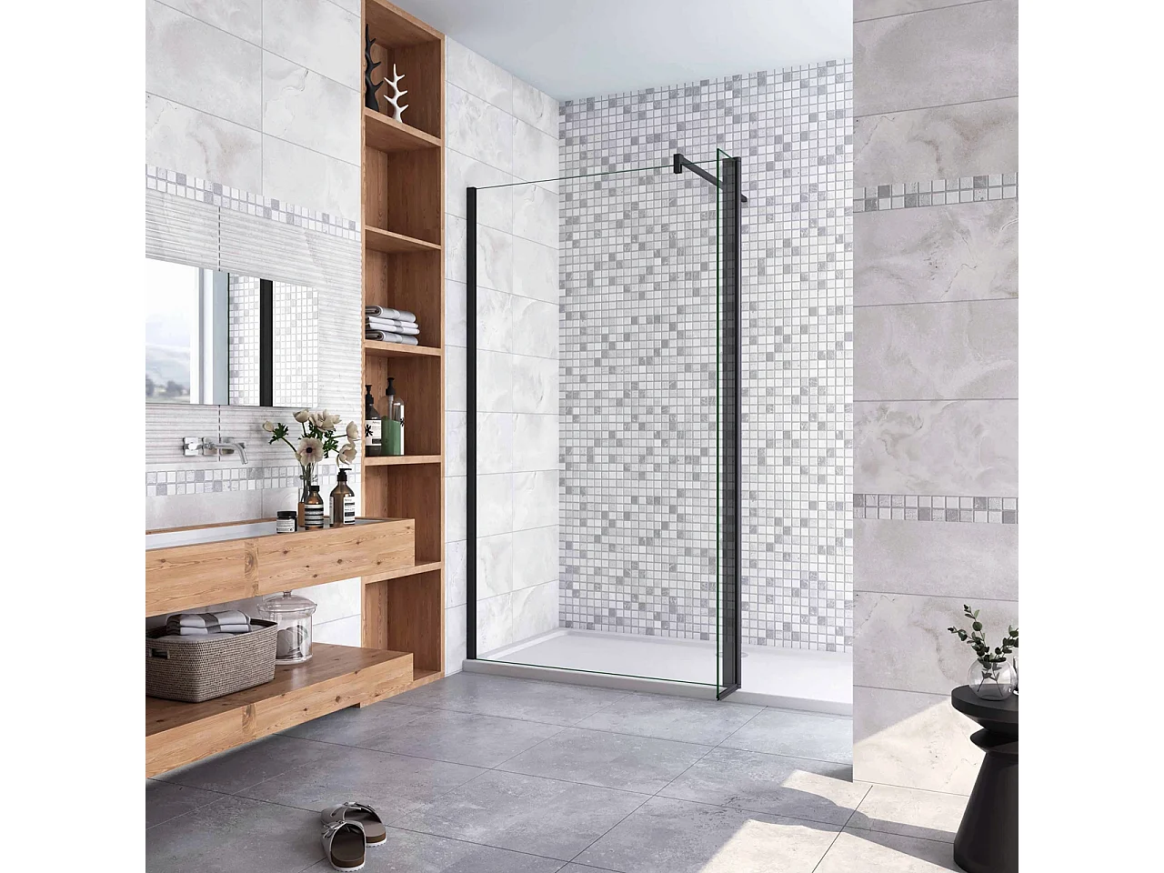 Inloopdouche-douchewand-walk in 8mm NANO EasyClean veiligheidsglas,120x200cm+30x200cm draaibaar hoekprofiel+F-vorm: 140 Stabilisatiestang,mat zwart profiel