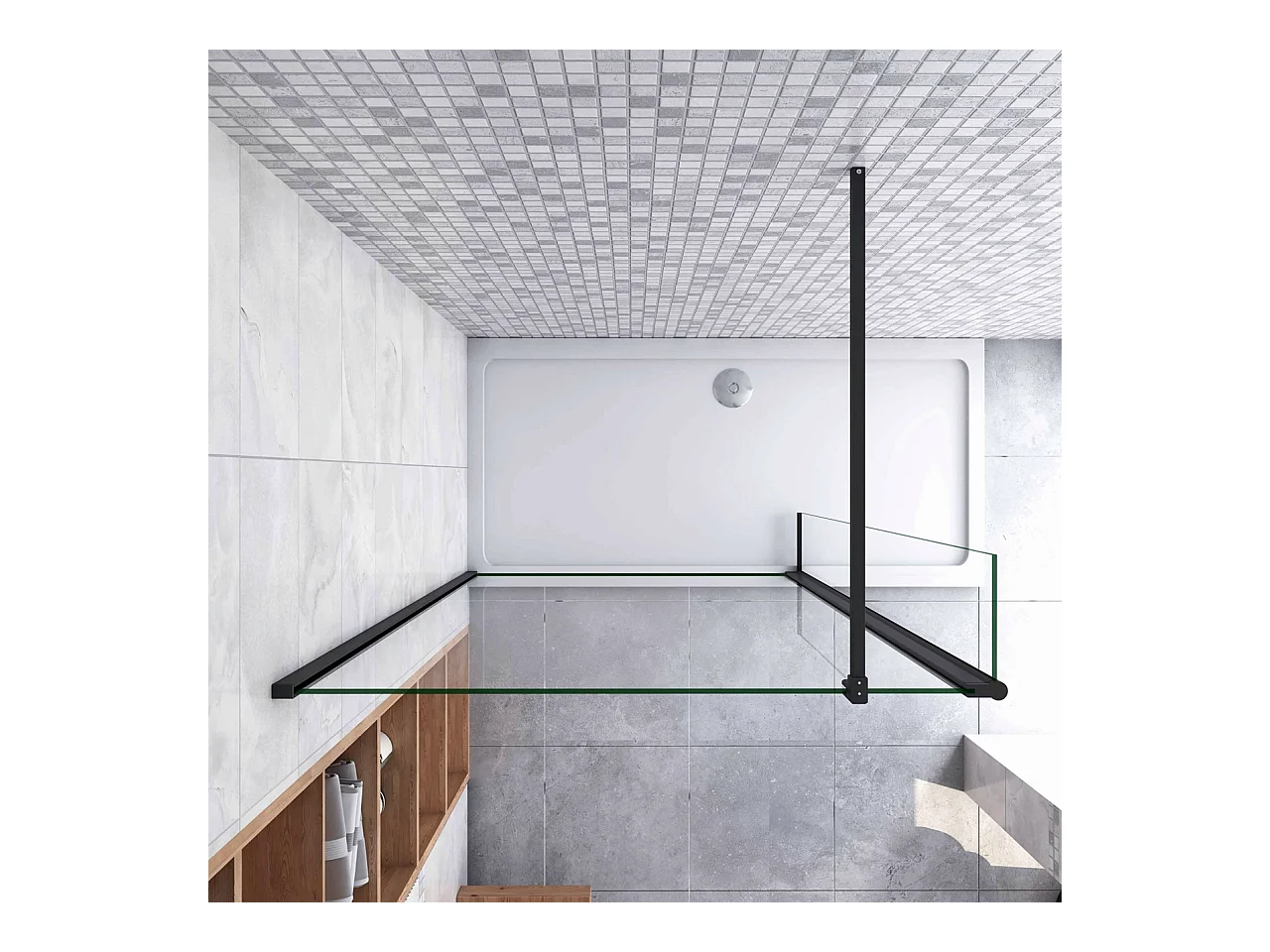 Inloopdouche-douchewand-walk in 8mm NANO EasyClean veiligheidsglas,100x200cm+30x200cm draaibaar hoekprofiel+F-vorm: 90 Stabilisatiestang,mat zwart aluminium profiel