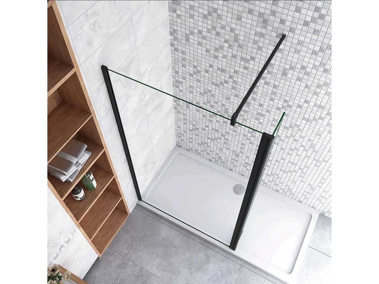 Inloopdouche-douchewand-walk in 8mm NANO EasyClean veiligheidsglas,80x200cm+40x200cm draaibaar hoekprofiel+F-vorm: 140 Stabilisatiestang,mat zwart aluminium profiel