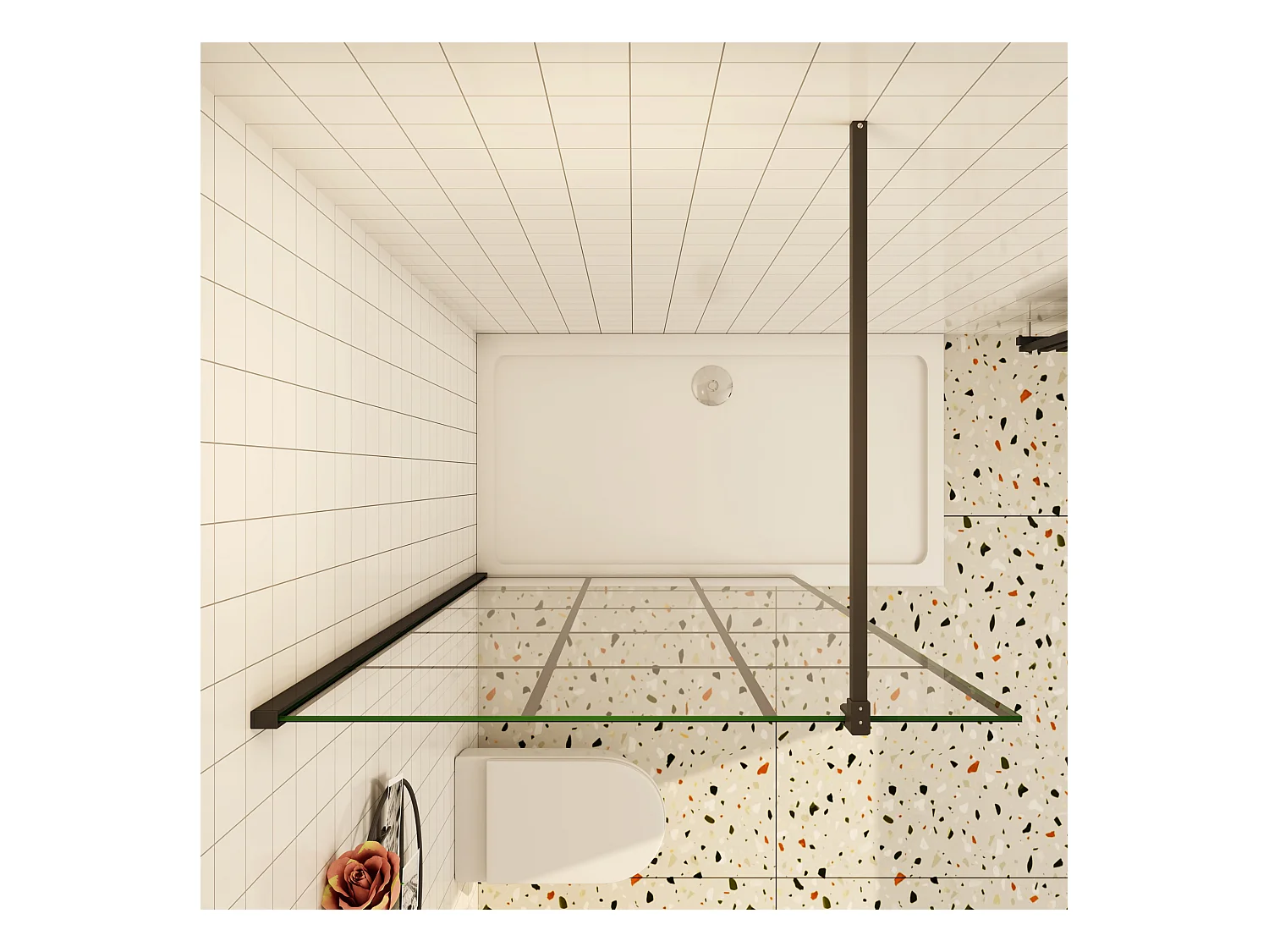 Douchewand-Inloopdouche 140x200cm met mat Zwart kader en raster 8mm NANO EasyClean veiligheidsglas mat zwart profiel F-Form 90cm Stabilisatiestang