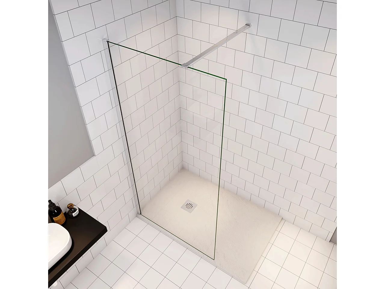 Douchewand Inloopdouche 76x185cm+N:90cm Stabilisatiestang,6mm nano veiligheidsglas Douchewand Inloopdouche,glanzend chroom profiel