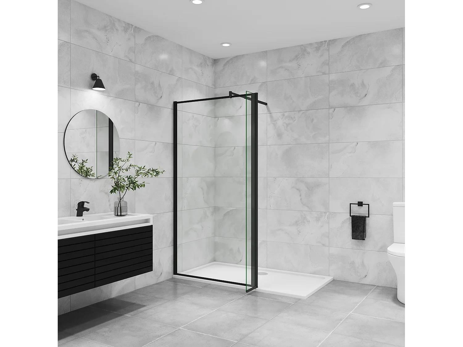 Inloopdouche-douchewand 80+30x200cm,8mm mat zwart kader en raste gehard glas Easyclean,antikalk,stabilisatiestang 70-120cm (verstelbaar),mat zwart profiel