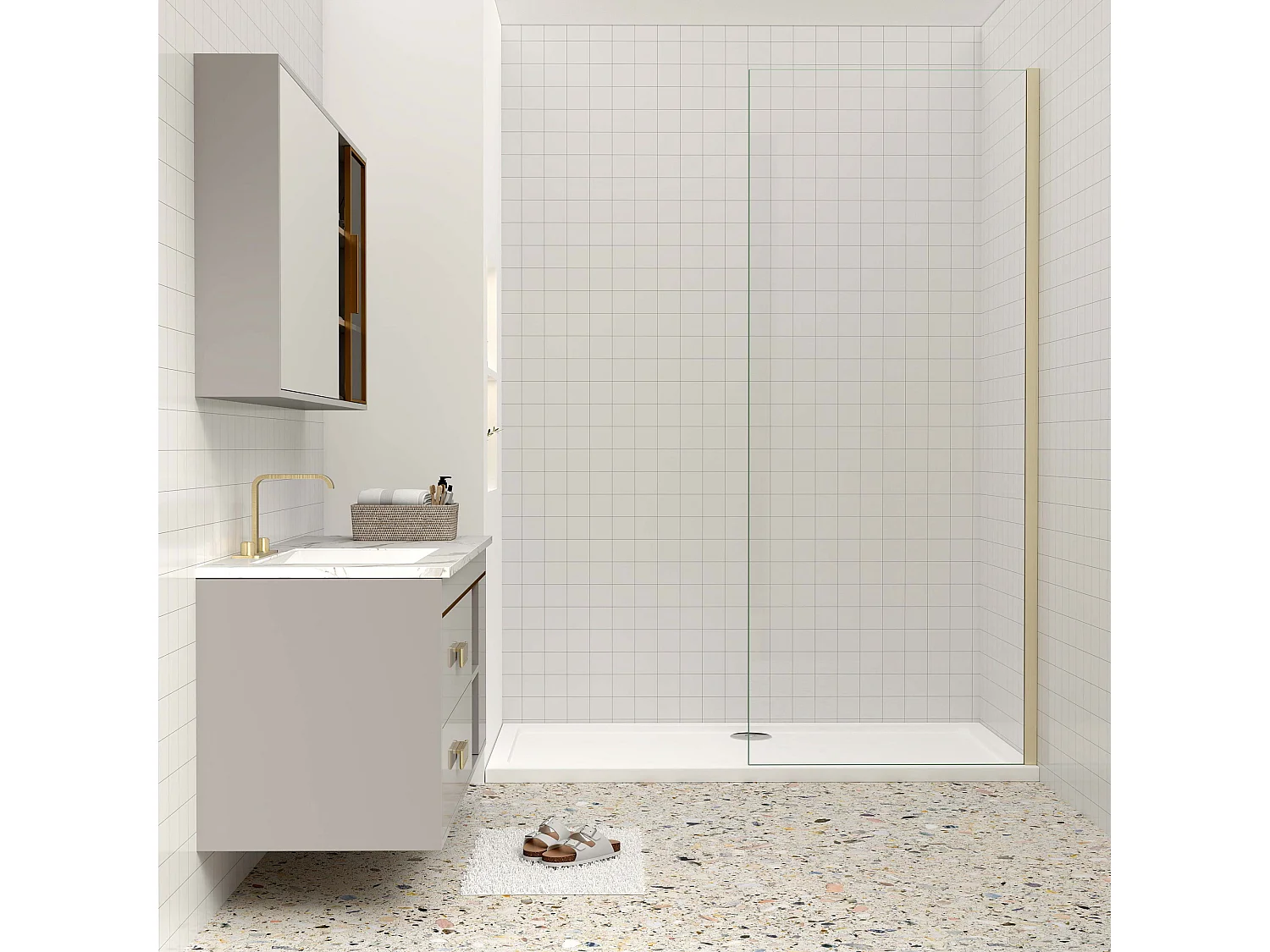 Inloopdouche-douchewand-walk in 60x200 cm, 10mm NANO EasyClean veiligheidsglas,gouden profiel