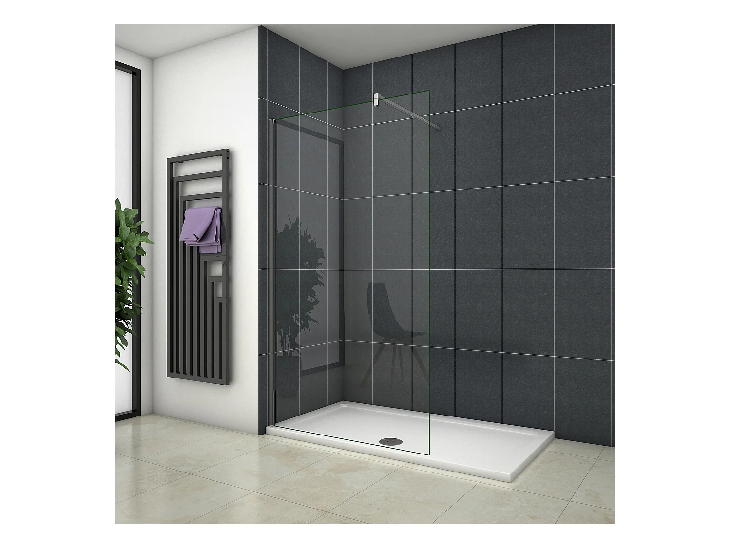 Inloopdouche-douchewand-walk in 8mm NANO EasyClean veiligheidsglas，90x200cm+F-vorm: 140 Stabilisatiestang,glanzend chroom profiel