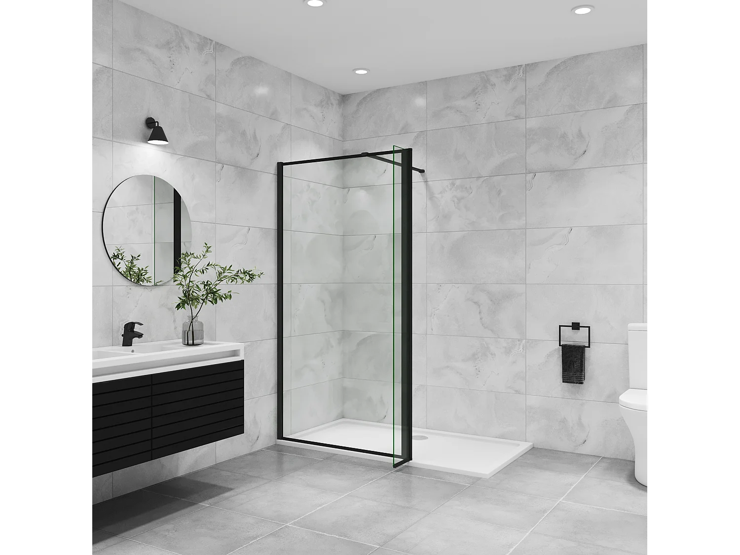 Inloopdouche-douchewand 100+30x200cm,8mm zwart raster gehard gezeefdrukt glas Easyclean,antikalk,stabilisatiestang 140cm (kan worden gesneden),mat zwart profiel