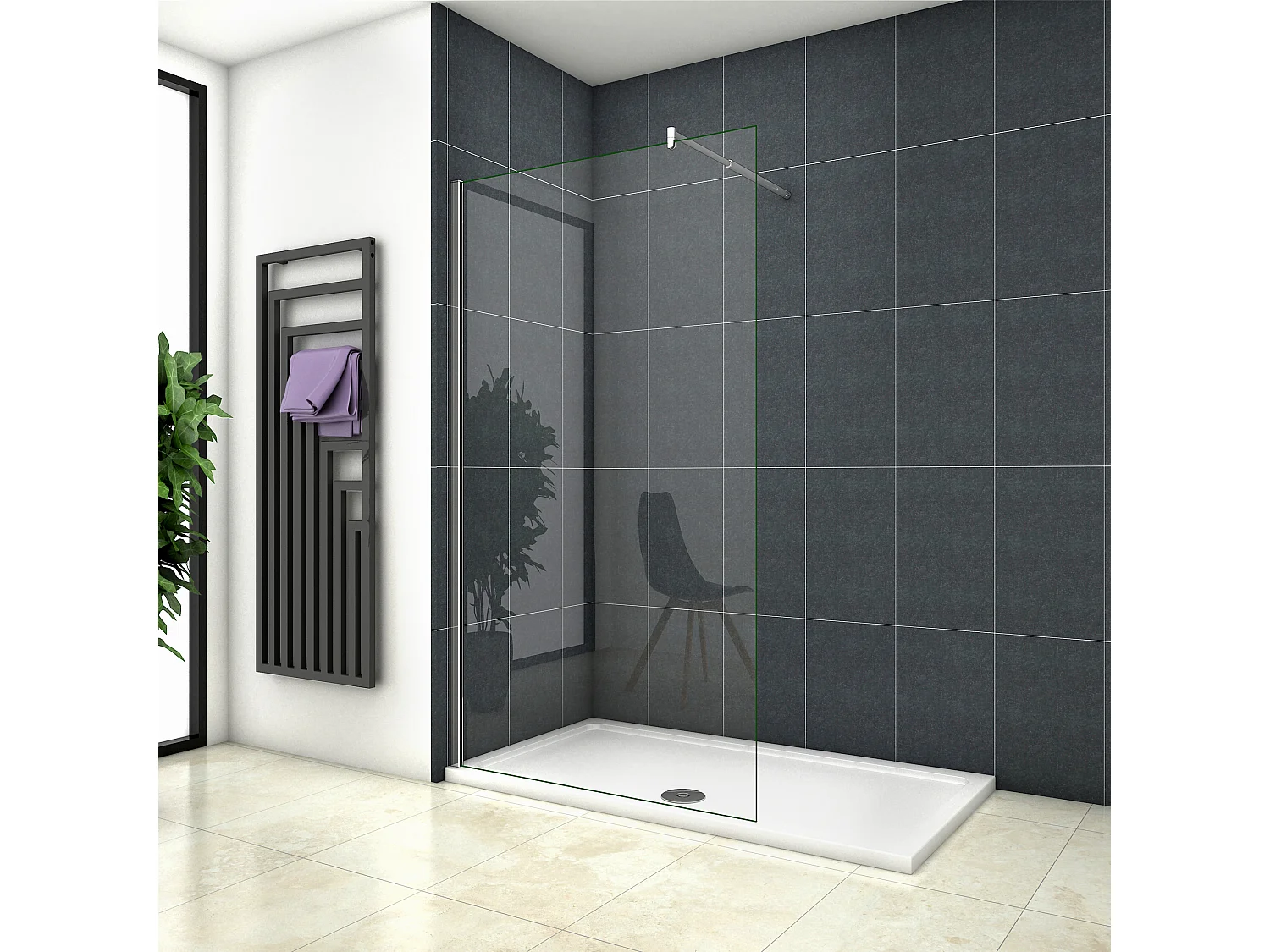 Inloopdouche-douchewand-walk in 8mm NANO EasyClean veiligheidsglas，130x200cm+70-120cm Stabilisatiestang,glanzend chroom profiel