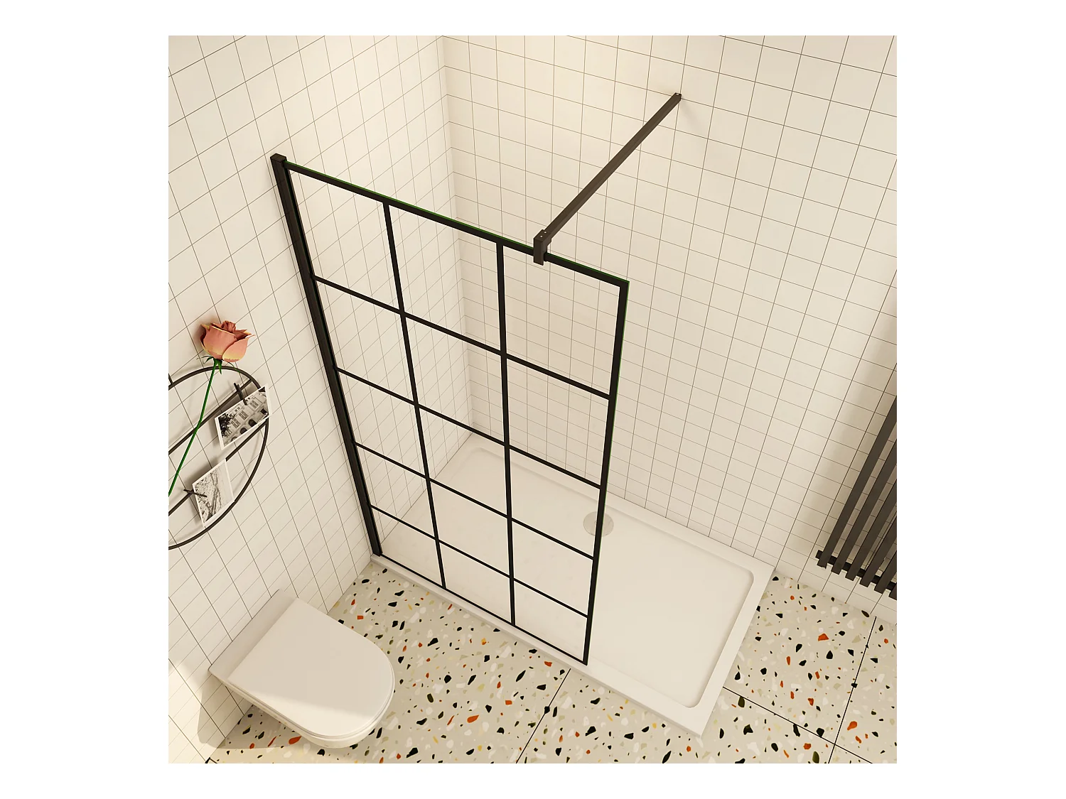 Douchewand-Inloopdouche 100x200cm met mat Zwart kader en raster 8mm NANO EasyClean veiligheidsglas mat zwart profiel F-Form 140cm Stabilisatiestang