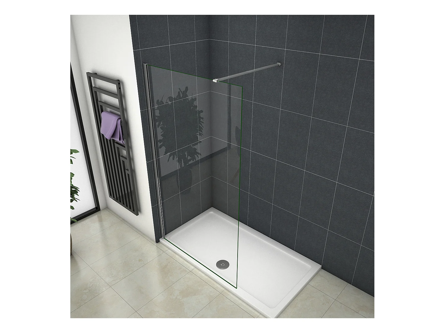 Inloopdouche-douchewand-walk in 8mm NANO EasyClean veiligheidsglas，100x200cm+N-vorm: 90 Stabilisatiestang,glanzend chroom profiel