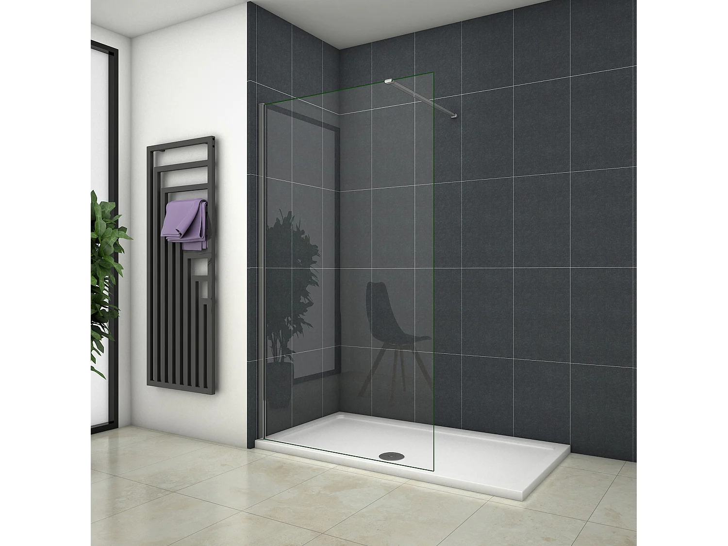 Inloopdouche-douchewand-walk in 8mm NANO EasyClean veiligheidsglas，100x200cm+N-vorm: 90 Stabilisatiestang,glanzend chroom profiel