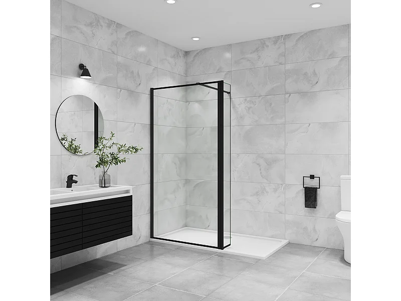 Inloopdouche-douchewand 90+30x200cm,8mm zwart raster gehard gezeefdrukt glas Easyclean,antikalk,stabilisatiestang 140cm (kan worden gesneden),mat zwart profiel