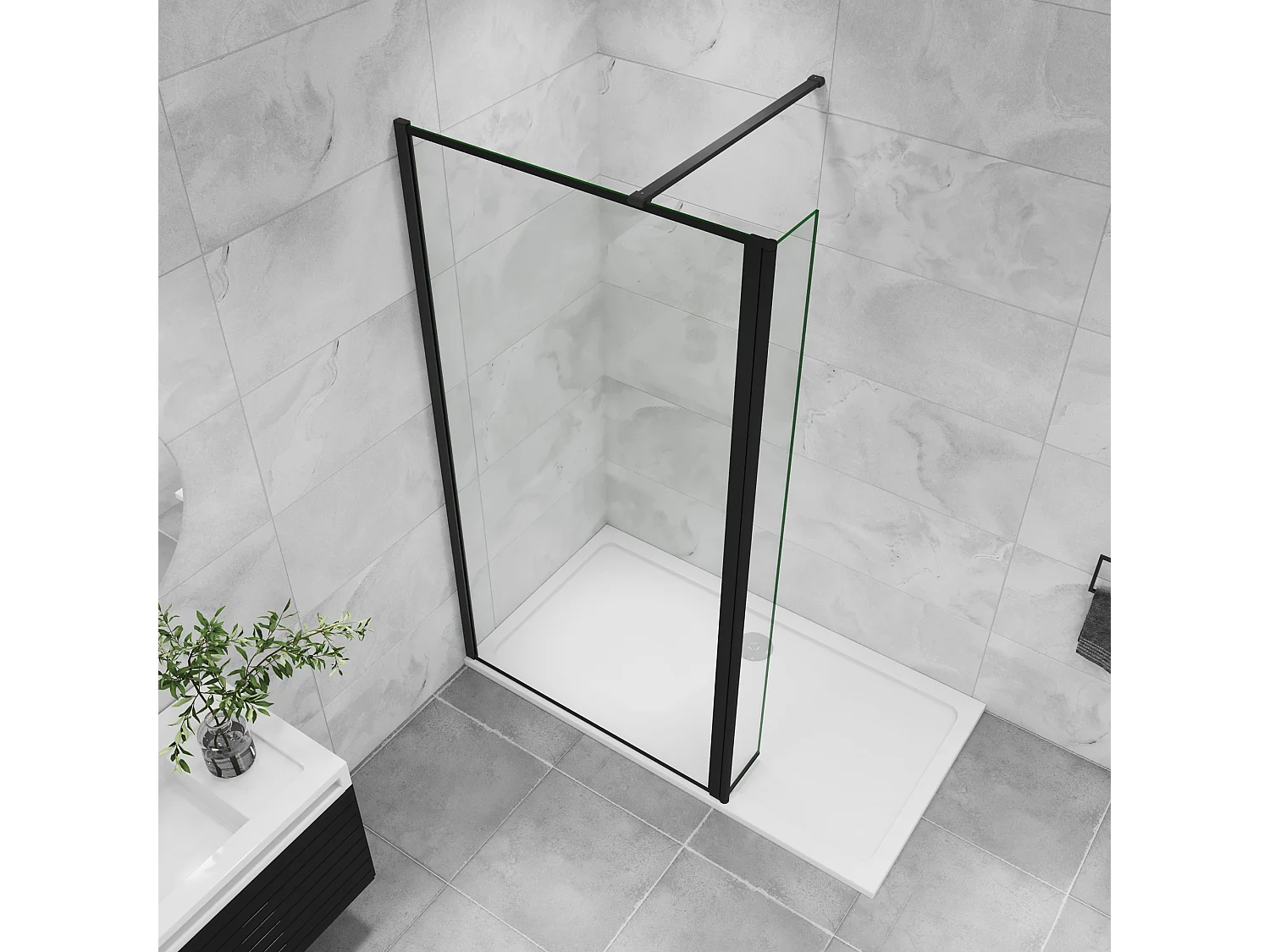 Inloopdouche-douchewand 100+40x200cm,8mm zwart raster gehard gezeefdrukt glas Easyclean,antikalk,stabilisatiestang 140cm (kan worden gesneden),mat zwart profiel