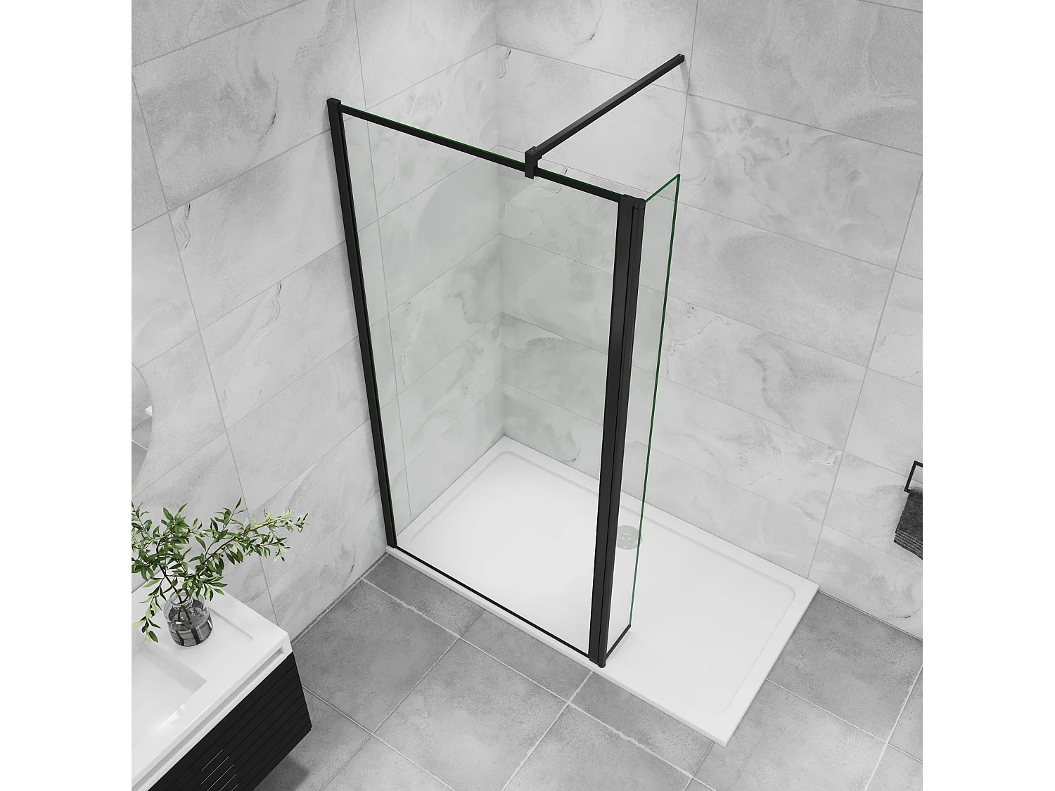 Inloopdouche-douchewand 120+40x200cm,8 mm mat zwart kader en raste gehard glas,eenvoudig te reinigen,antikalk,stabilisatiestang 90cm (snijdbaar),mat zwart profiel