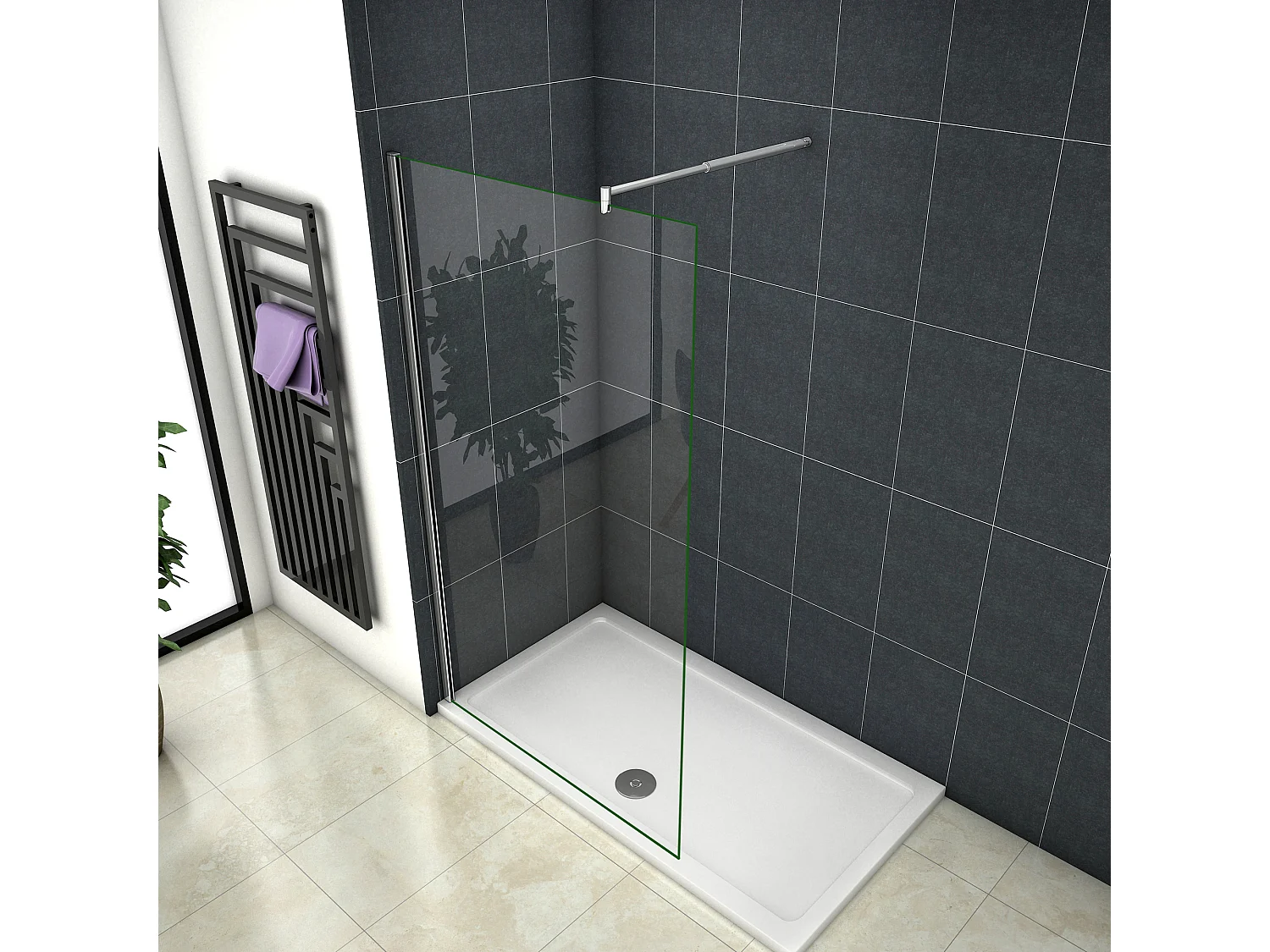 Inloopdouche-douchewand-walk in 8mm NANO EasyClean veiligheidsglas，85x200cm+70-120cm Stabilisatiestang,glanzend chroom profiel