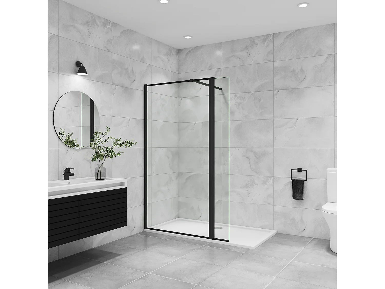 Inloopdouche-douchewand 80+40x200cm,8mm mat zwart kader en raste gehard glas Easyclean,antikalk,stabilisatiestang 73-120cm (verstelbaar),mat zwart profiel