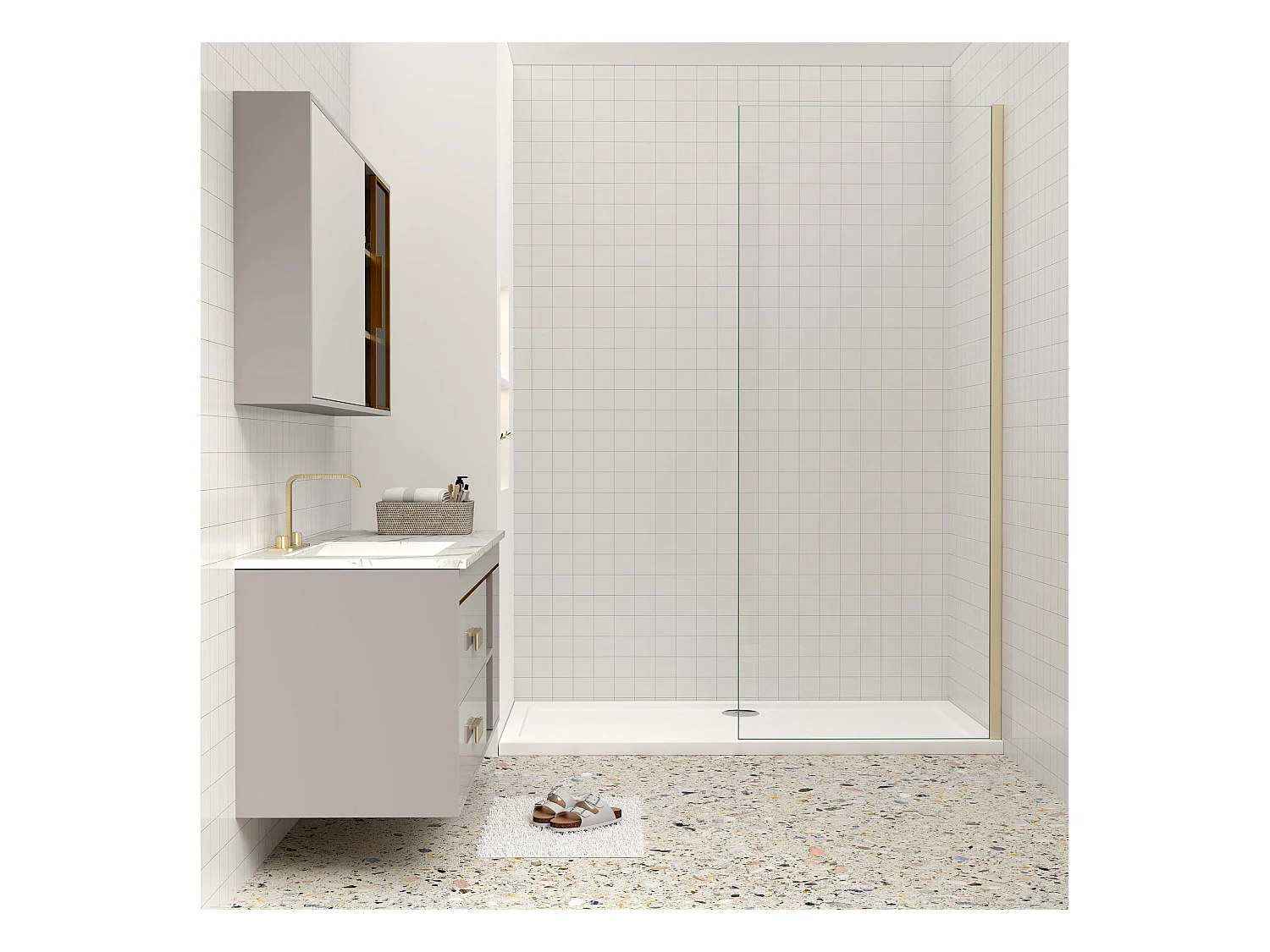 Inloopdouche-douchewand-walk in 50x200 cm, 8mm NANO EasyClean veiligheidsglas,gouden profiel