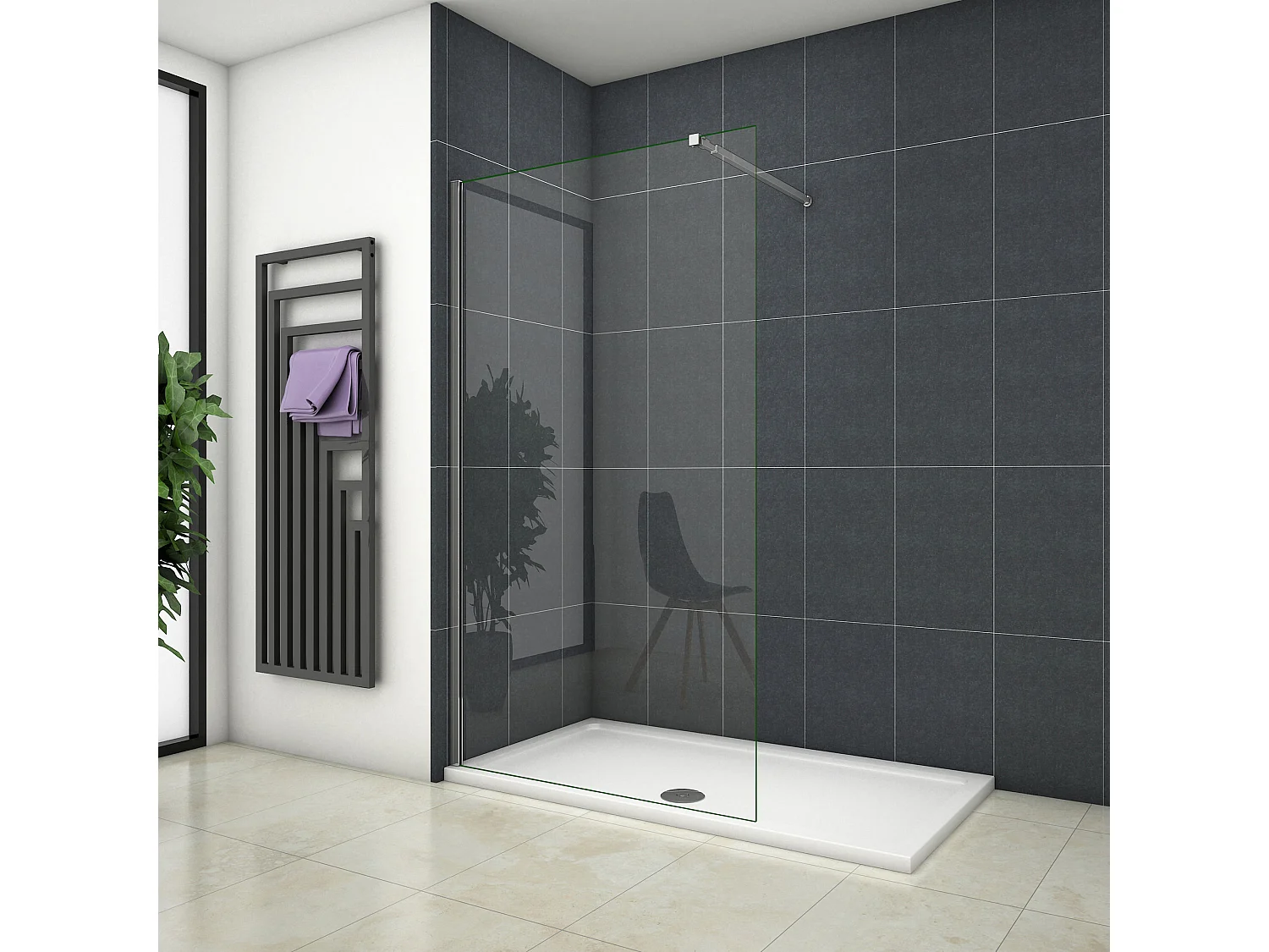 Inloopdouche-douchewand-walk in 8mm NANO EasyClean veiligheidsglas，130x200cm+73-120cm Stabilisatiestang,glanzend chroom profiel