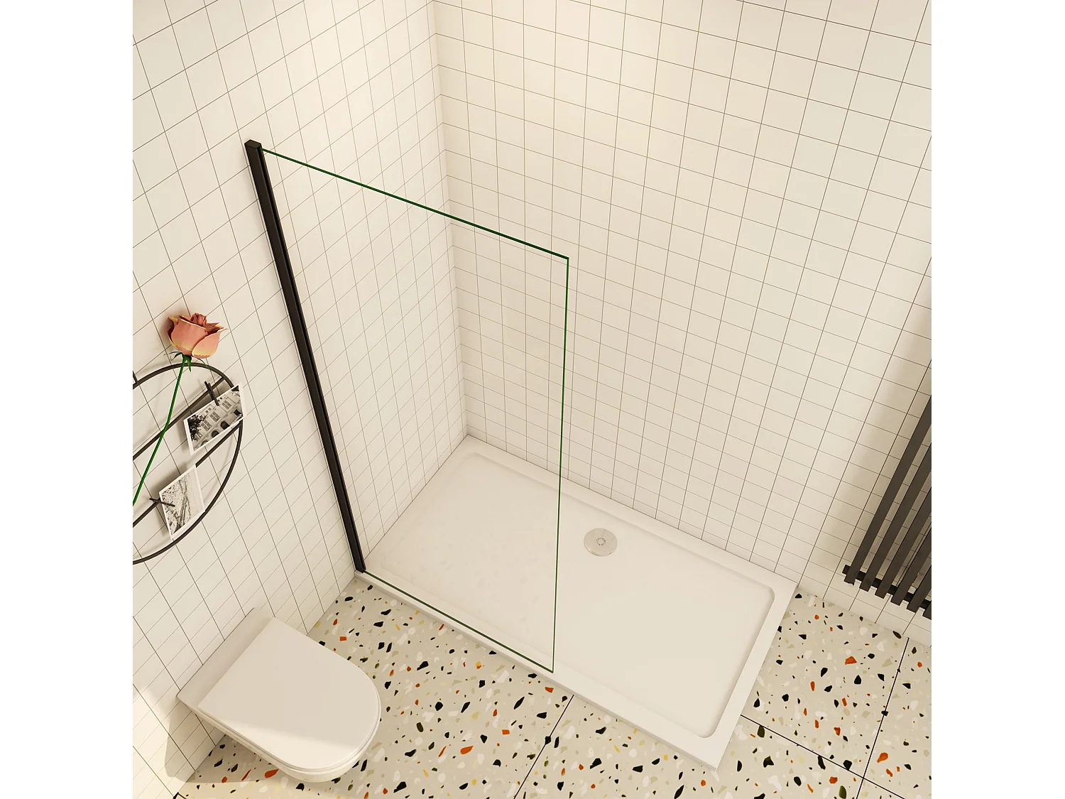 Inloopdouche-douchewand-walk in 60x200 cm, 10mm NANO EasyClean veiligheidsglas,mat zwart aluminium profiel.