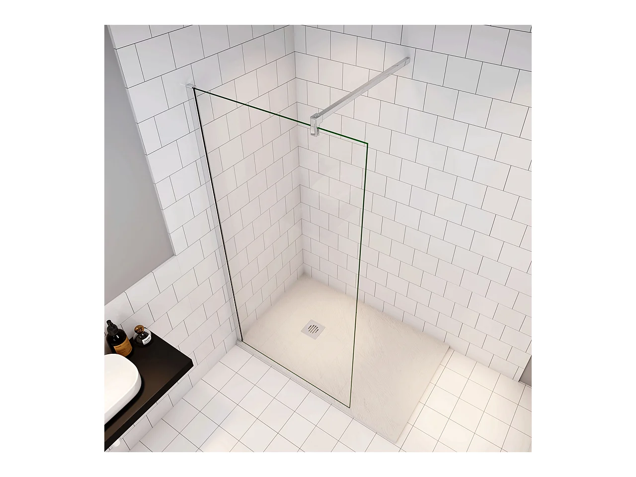 Douchewand Inloopdouche 86x185cm+F:90cm Stabilisatiestang,6mm nano veiligheidsglas Douchewand Inloopdouche,glanzend chroom profiel