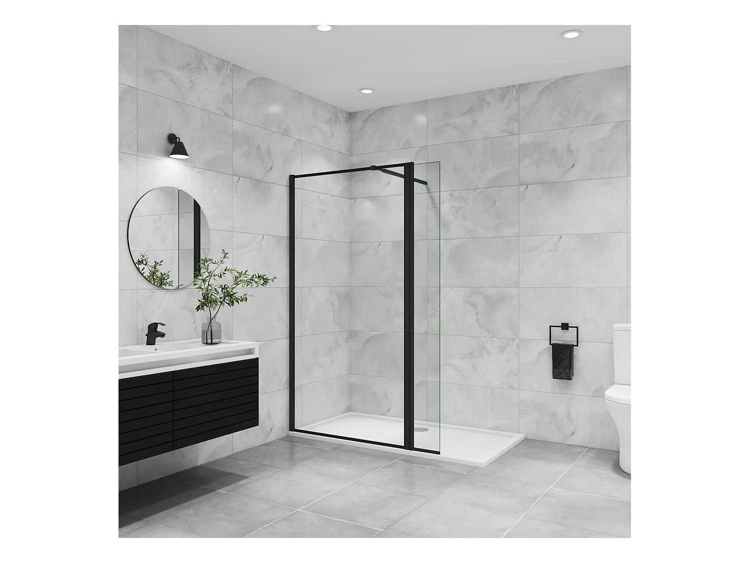 Inloopdouche-douchewand 80+30x200cm,8mm mat zwart kader en raste gehard glas Easyclean,antikalk,stabilisatiestang 73-120cm (verstelbaar),mat zwart profiel