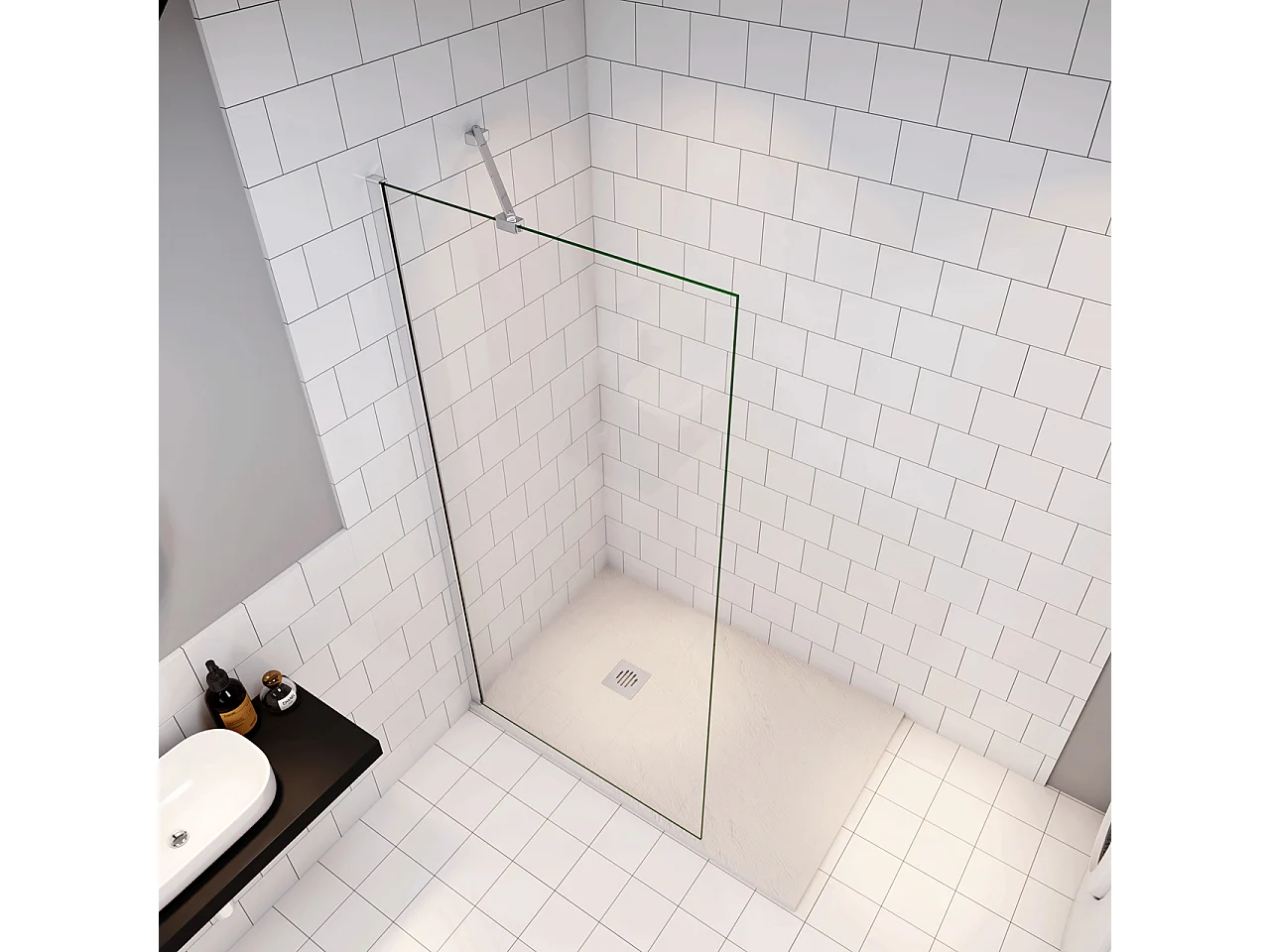 Douchewand Inloopdouche 66x195cm+45cm Stabilisatiestang,6mm NANO EasyClean veiligheidsglas,glanzend chroom profiel