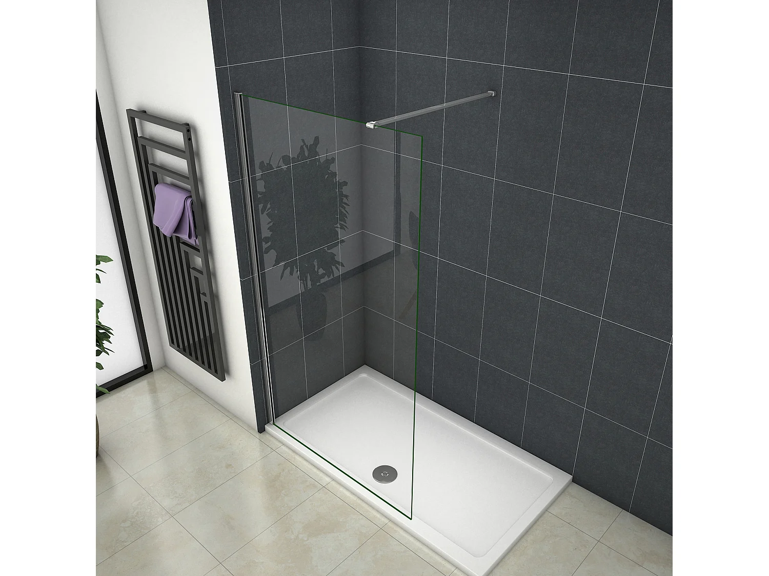 Inloopdouche-douchewand-walk in 8mm NANO EasyClean veiligheidsglas，40x200cm+N-vorm: 90 Stabilisatiestang,glanzend chroom profiel