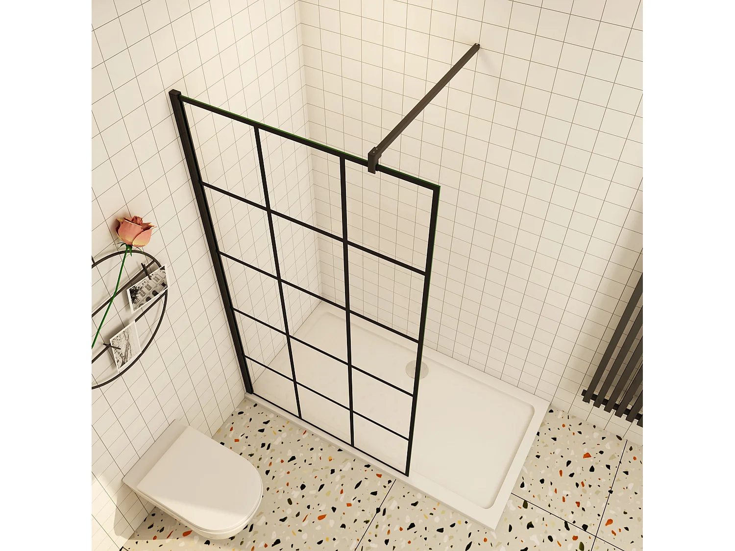 Douchewand-Inloopdouche 90x200cm met mat Zwart kader en raster 8mm NANO EasyClean veiligheidsglas mat zwart profiel F-Form 140cm Stabilisatiestang