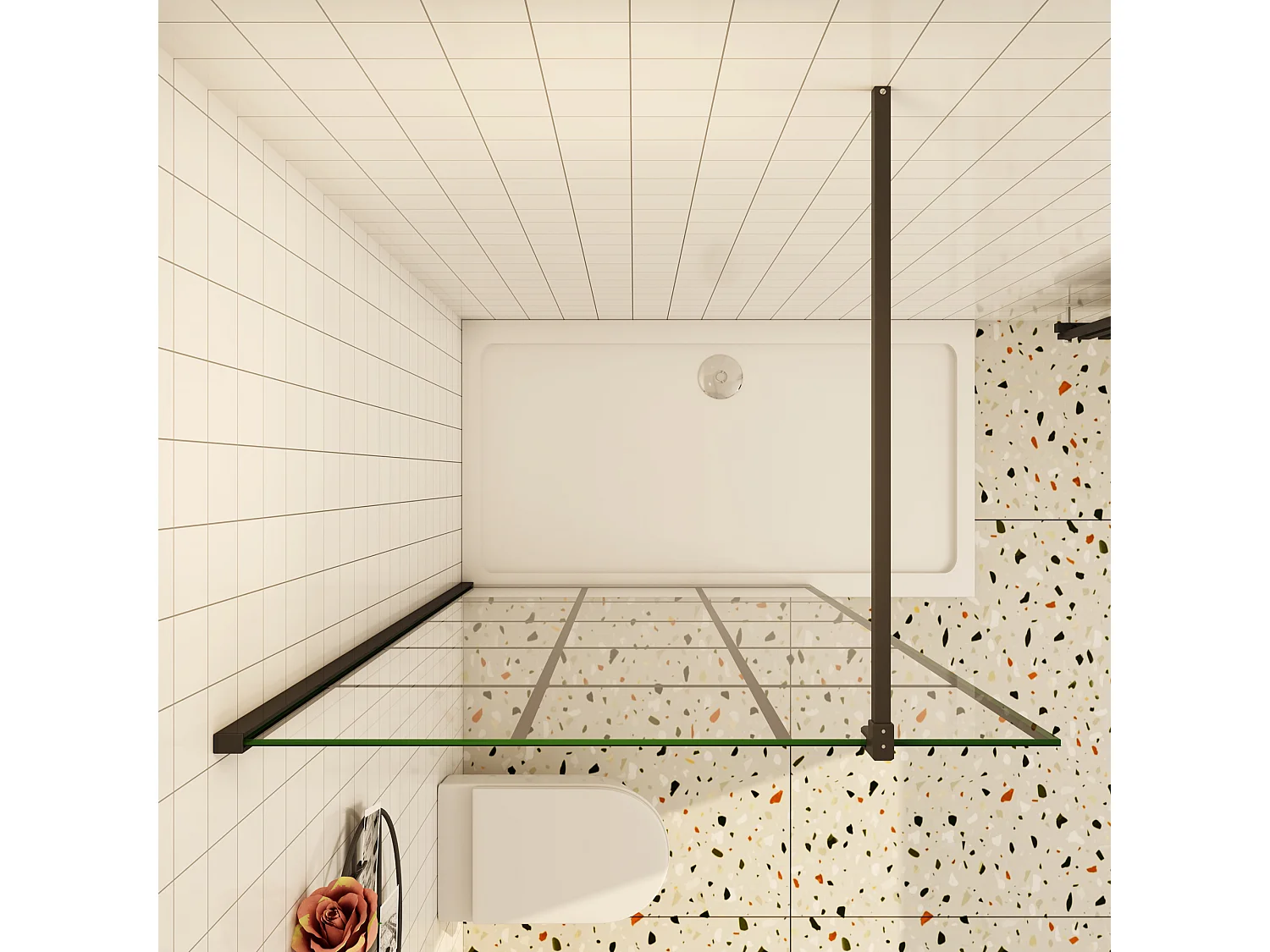 Douchewand-Inloopdouche 90x200cm met mat Zwart kader en raster 8mm NANO EasyClean veiligheidsglas mat zwart profiel F-Form 140cm Stabilisatiestang