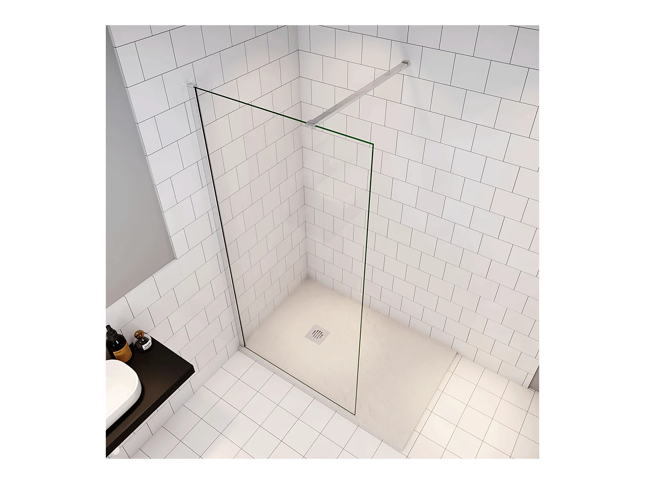 Douchewand Inloopdouche 96x195cm+N:140cm Stabilisatiestang,6mm nano veiligheidsglas,glanzend chroom profiel
