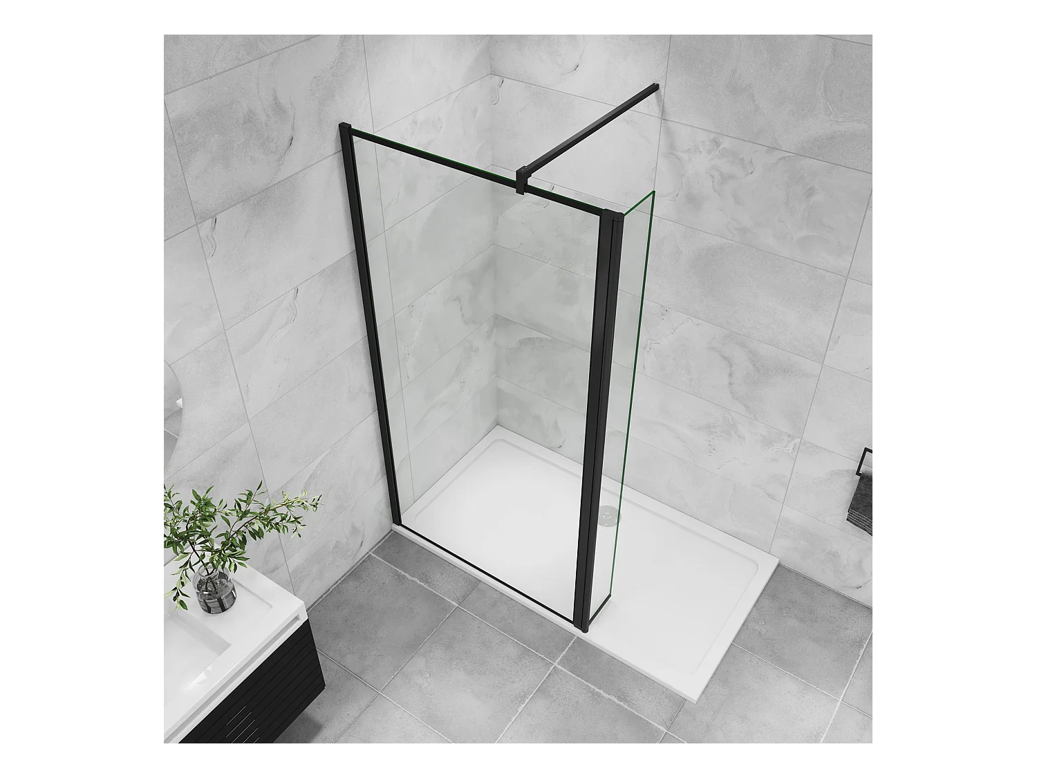 Inloopdouche-douchewand 80+30x200cm,8 mm mat zwart kader en raste gehard glas,eenvoudig te reinigen,antikalk,stabilisatiestang 90cm (snijdbaar),mat zwart profiel