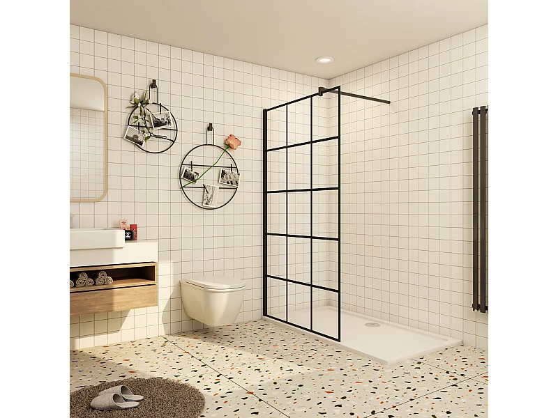 Douchewand-Inloopdouche 80x200cm met mat Zwart kader en raster 8mm NANO EasyClean veiligheidsglas mat zwart profiel F-Form 140cm Stabilisatiestang