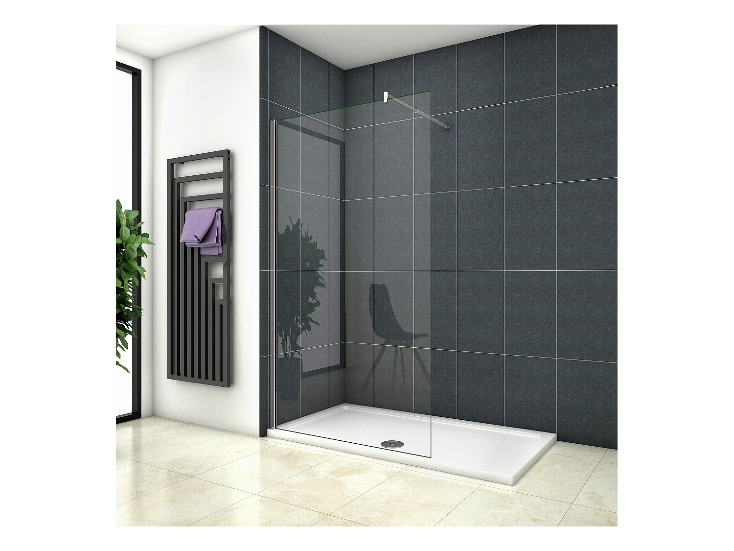Inloopdouche-douchewand-walk in 8mm NANO EasyClean veiligheidsglas，90x200cm+70-120cm Stabilisatiestang,glanzend chroom profiel