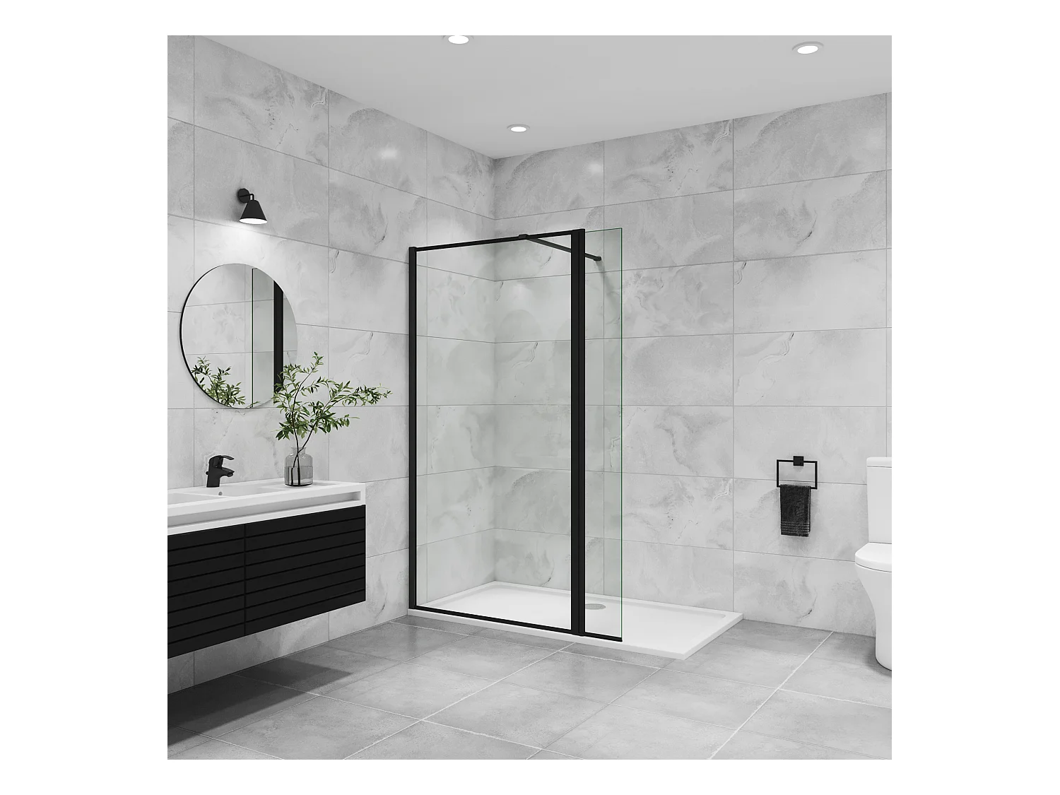 Inloopdouche-douchewand 140+40x200cm,8mm zwart raster gehard gezeefdrukt glas Easyclean,antikalk,stabilisatiestang 90cm (kan worden gesneden),mat zwart profiel