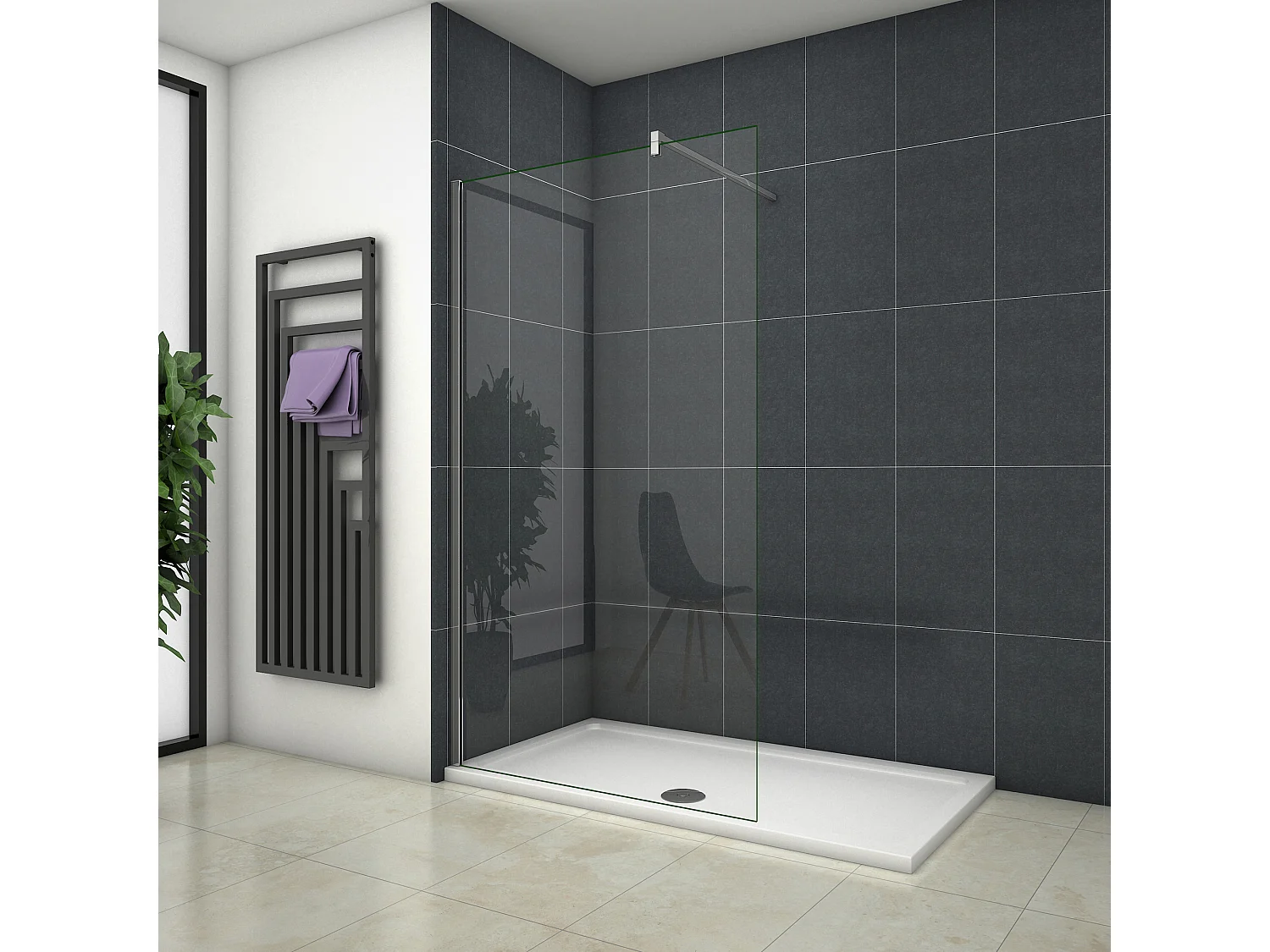 Inloopdouche-douchewand-walk in 8mm NANO EasyClean veiligheidsglas，40x200cm+F-vorm: 90 Stabilisatiestang,glanzend chroom profiel