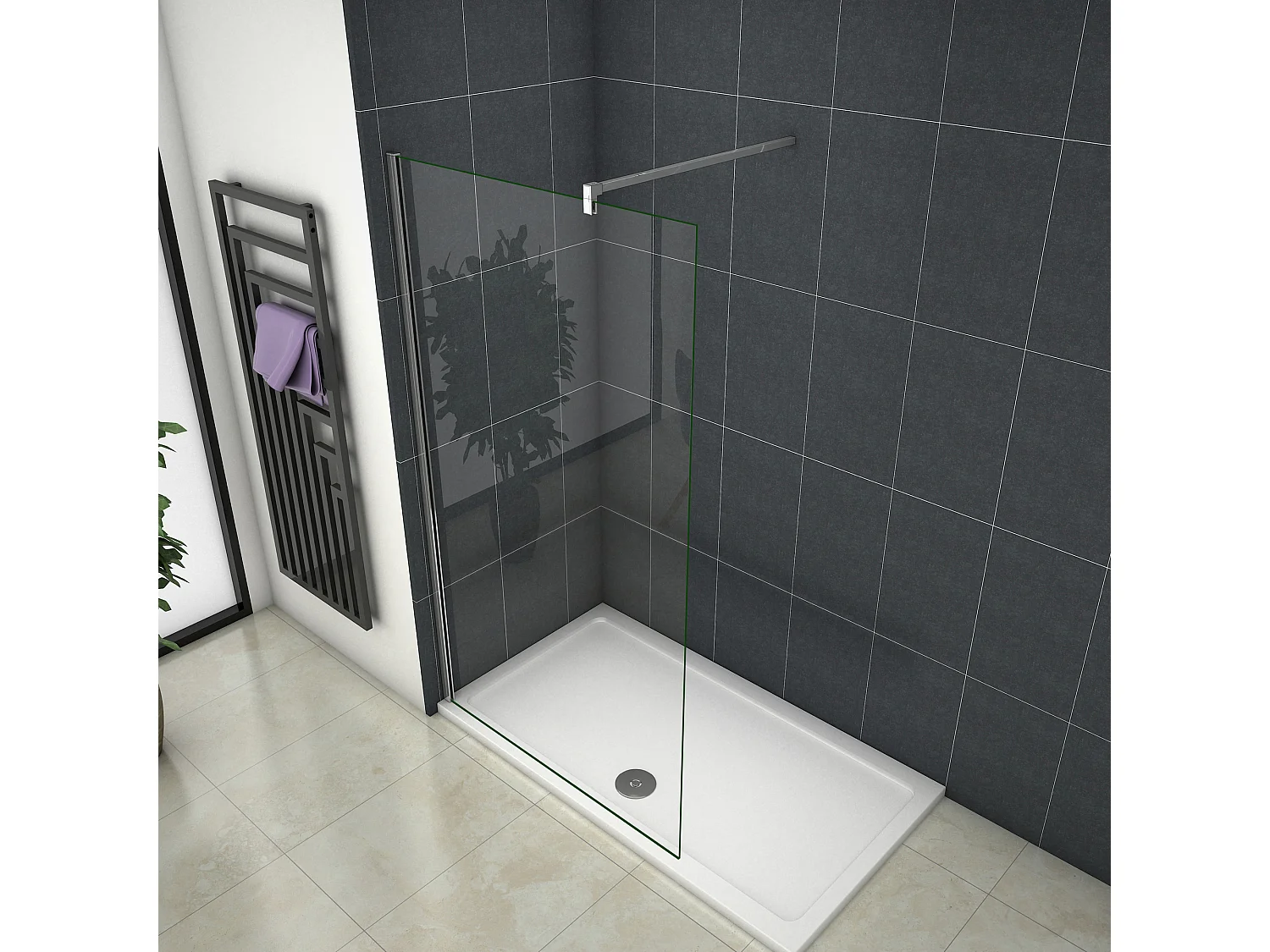 Inloopdouche-douchewand-walk in 8mm NANO EasyClean veiligheidsglas，40x200cm+F-vorm: 90 Stabilisatiestang,glanzend chroom profiel