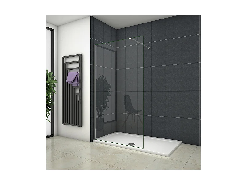 Inloopdouche-douchewand-walk in 8mm NANO EasyClean veiligheidsglas，30x200cm+N-vorm: 90 Stabilisatiestang,glanzend chroom profiel