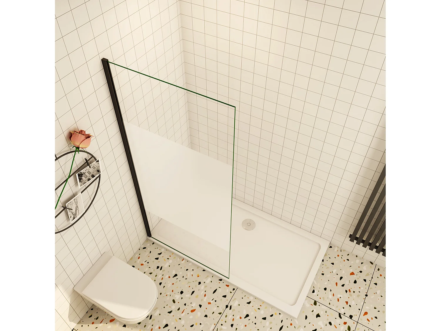 Inloopdouche-douchewand-walk in 80x200 cm,10mm midden wit gematteerd gehard glas met explosieveilige folie,glanzend chroom profiel