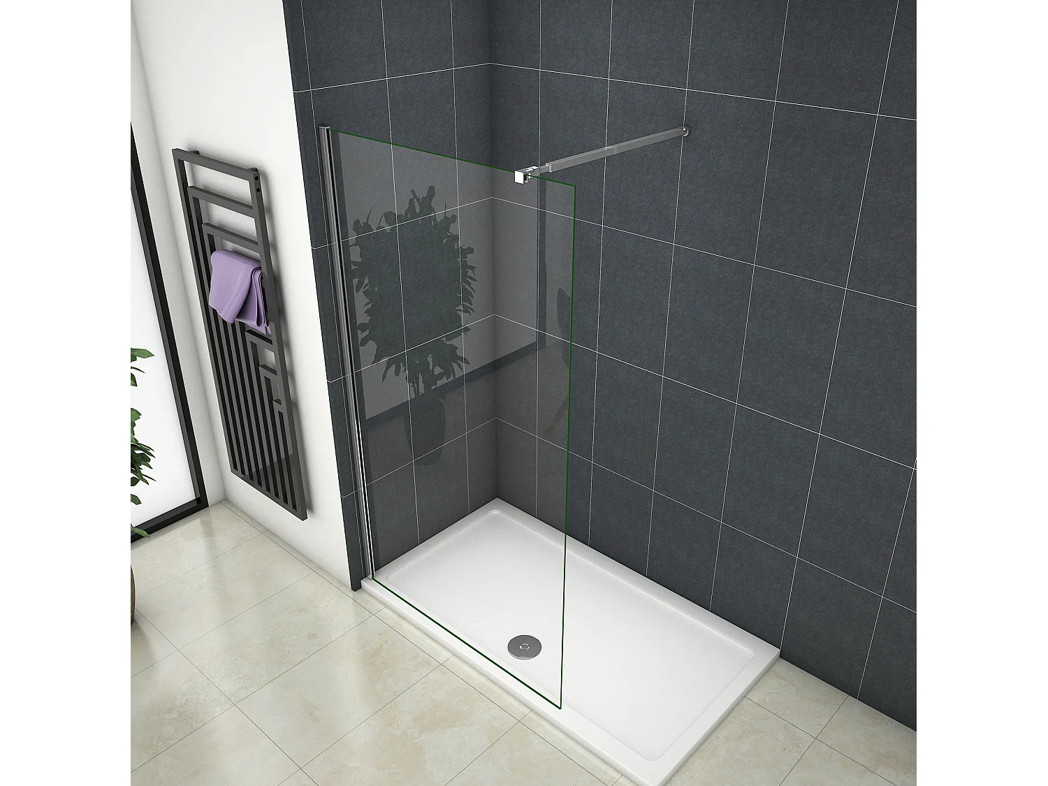 Inloopdouche-douchewand-walk in 8mm NANO EasyClean veiligheidsglas，160x200cm+73-120cm Stabilisatiestang,glanzend chroom profiel