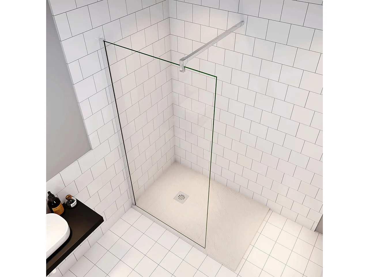 Douchewand Inloopdouche 76x195cm+F:140cm Stabilisatiestang,6mm nano veiligheidsglas,glanzend chroom profiel