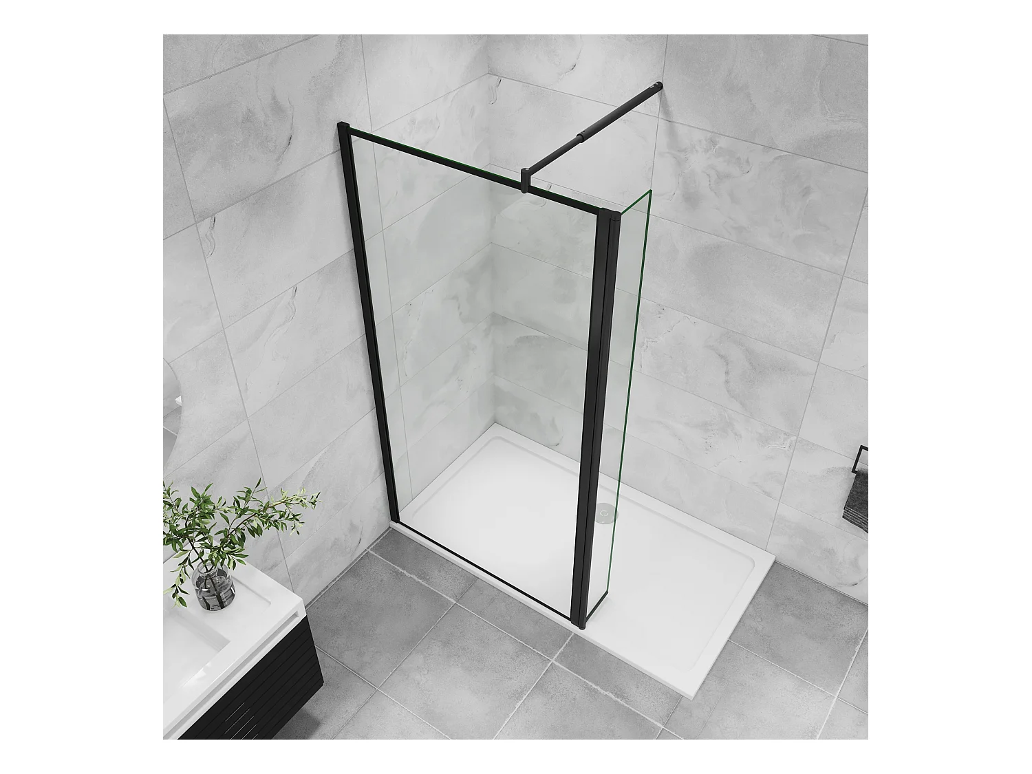 Inloopdouche-douchewand 90+30x200cm,8mm mat zwart kader en raste gehard glas Easyclean,antikalk,stabilisatiestang 70-120cm (verstelbaar),mat zwart profiel