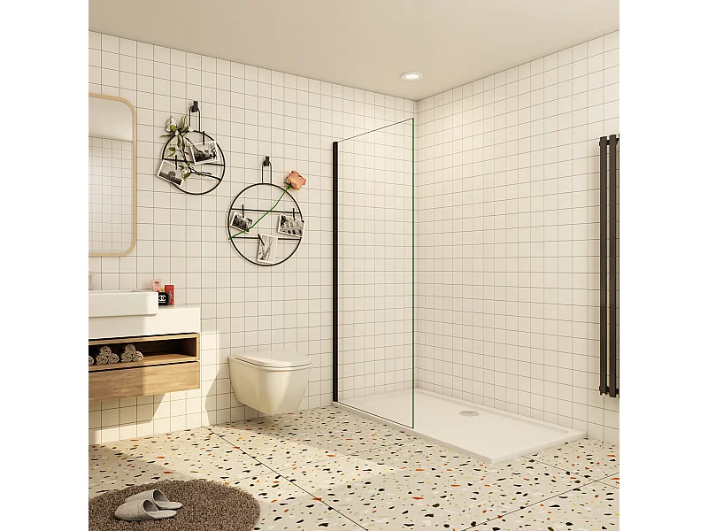 Inloopdouche-douchewand-walk in 90x200 cm, 10mm NANO EasyClean veiligheidsglas,mat zwart aluminium profiel.