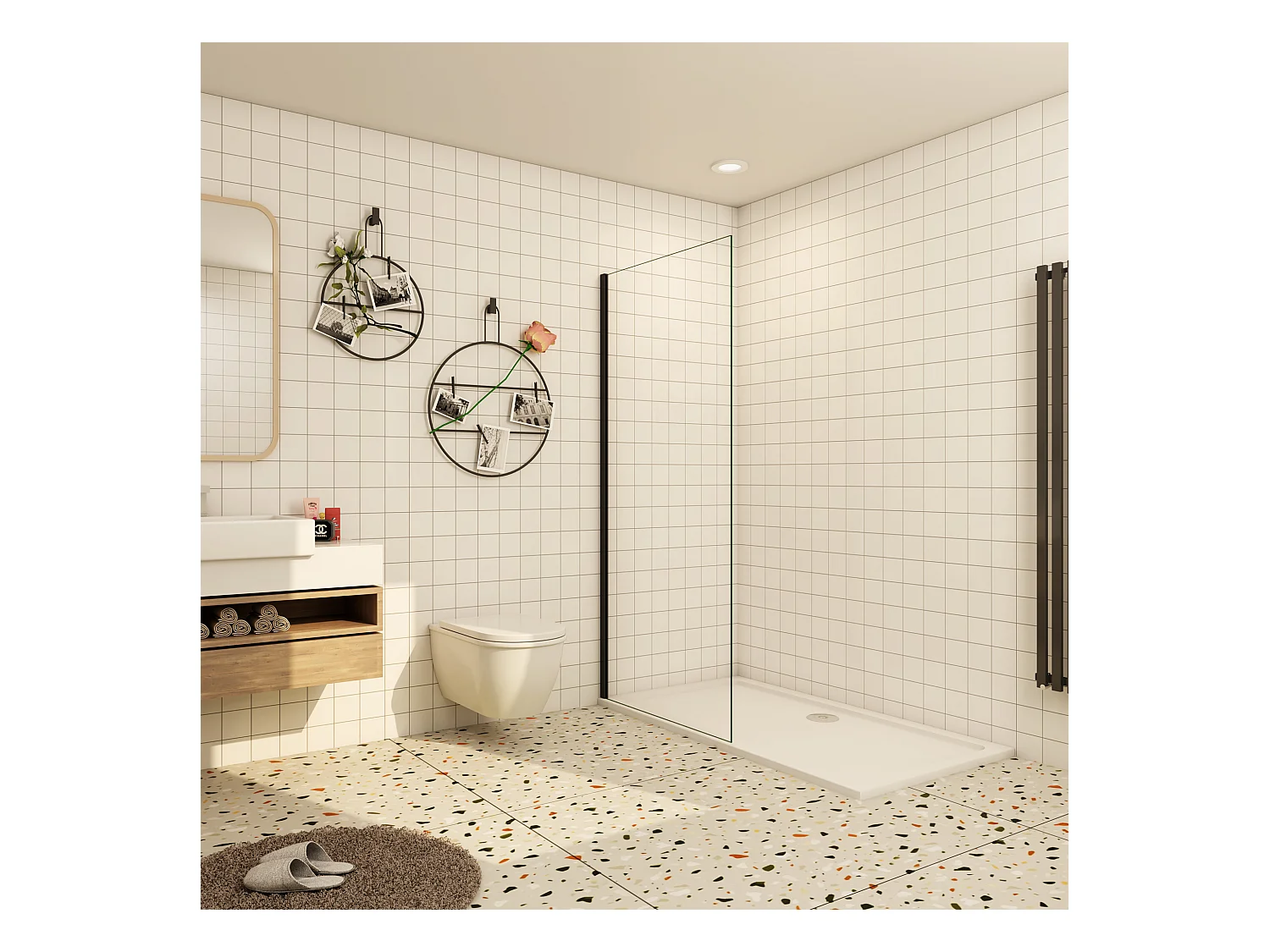 Inloopdouche-douchewand-walk in 40x200 cm, 10mm NANO EasyClean veiligheidsglas,mat zwart aluminium profiel.