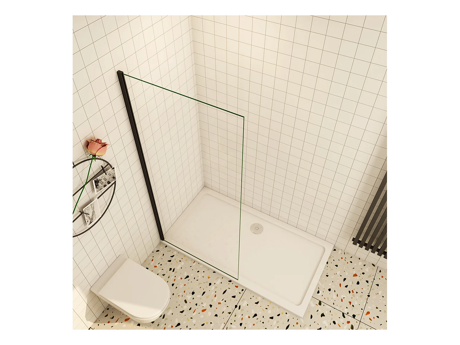 Inloopdouche-douchewand-walk in 40x200 cm, 10mm NANO EasyClean veiligheidsglas,mat zwart aluminium profiel.