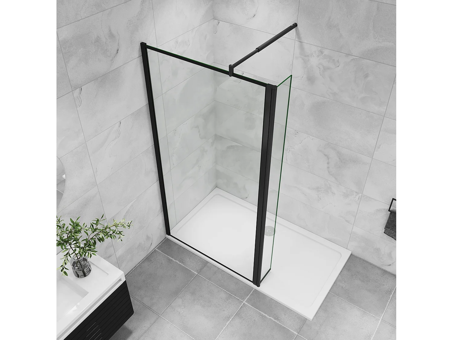 Inloopdouche-douchewand 120+40x200cm,8mm mat zwart kader en raste gehard glas Easyclean,antikalk,stabilisatiestang 70-120cm (verstelbaar),mat zwart profiel