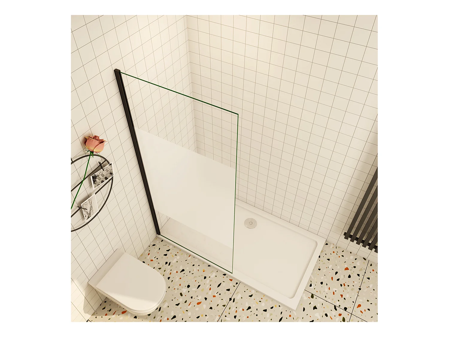 Inloopdouche-douchewand-walk in 90x200 cm,8mm midden wit gematteerd gehard glas met explosieveilige folie,mat zwart aluminium profiel.