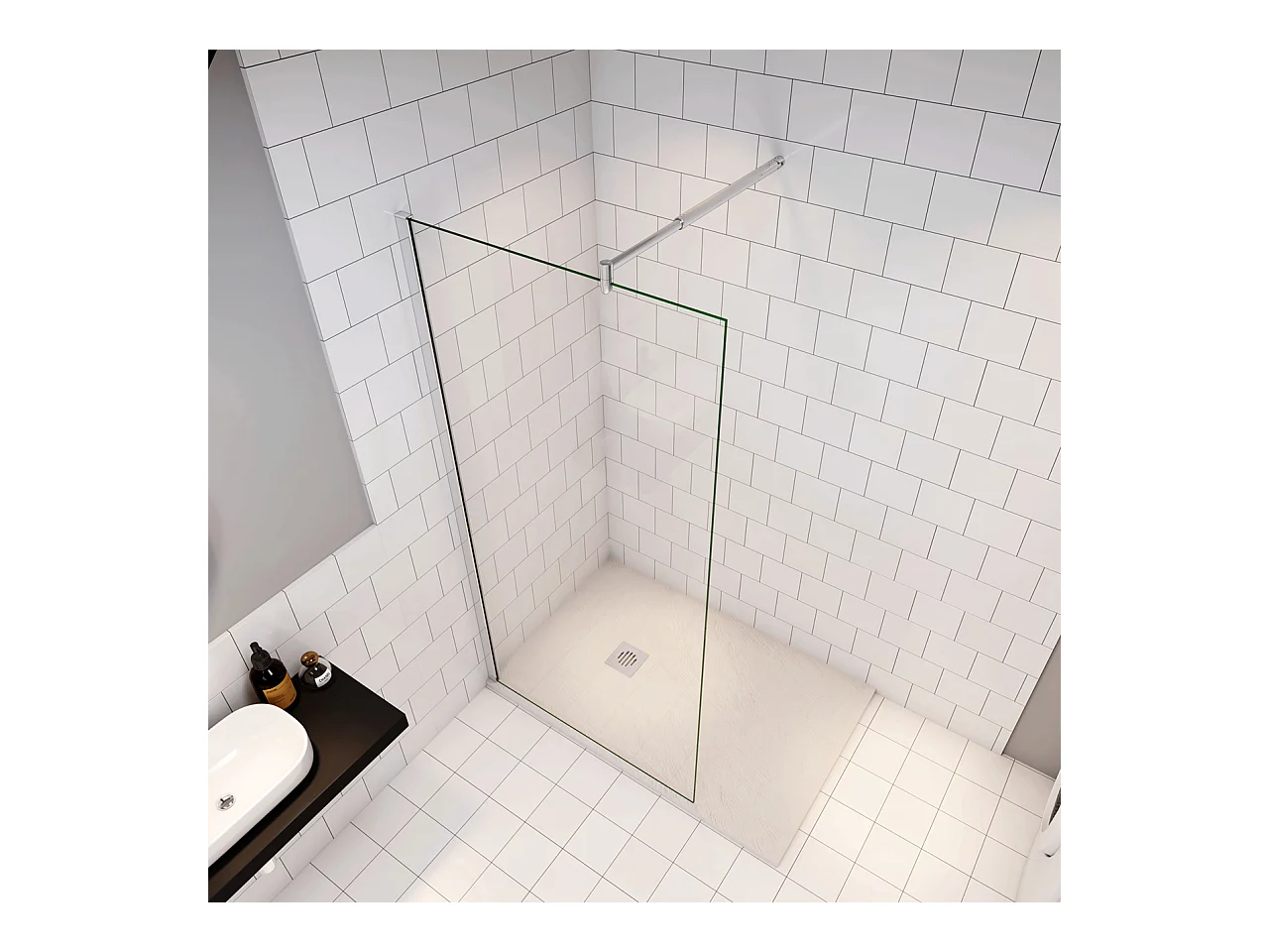 Douchewand Inloopdouche 96x185cm+70-120cm Stabilisatiestang,6mm nano veiligheidsglas Douchewand Inloopdouche,glanzend chroom profiel