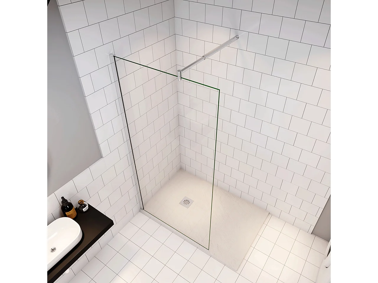 Douchewand Inloopdouche 96x185cm+70-120cm Stabilisatiestang,6mm nano veiligheidsglas Douchewand Inloopdouche,glanzend chroom profiel