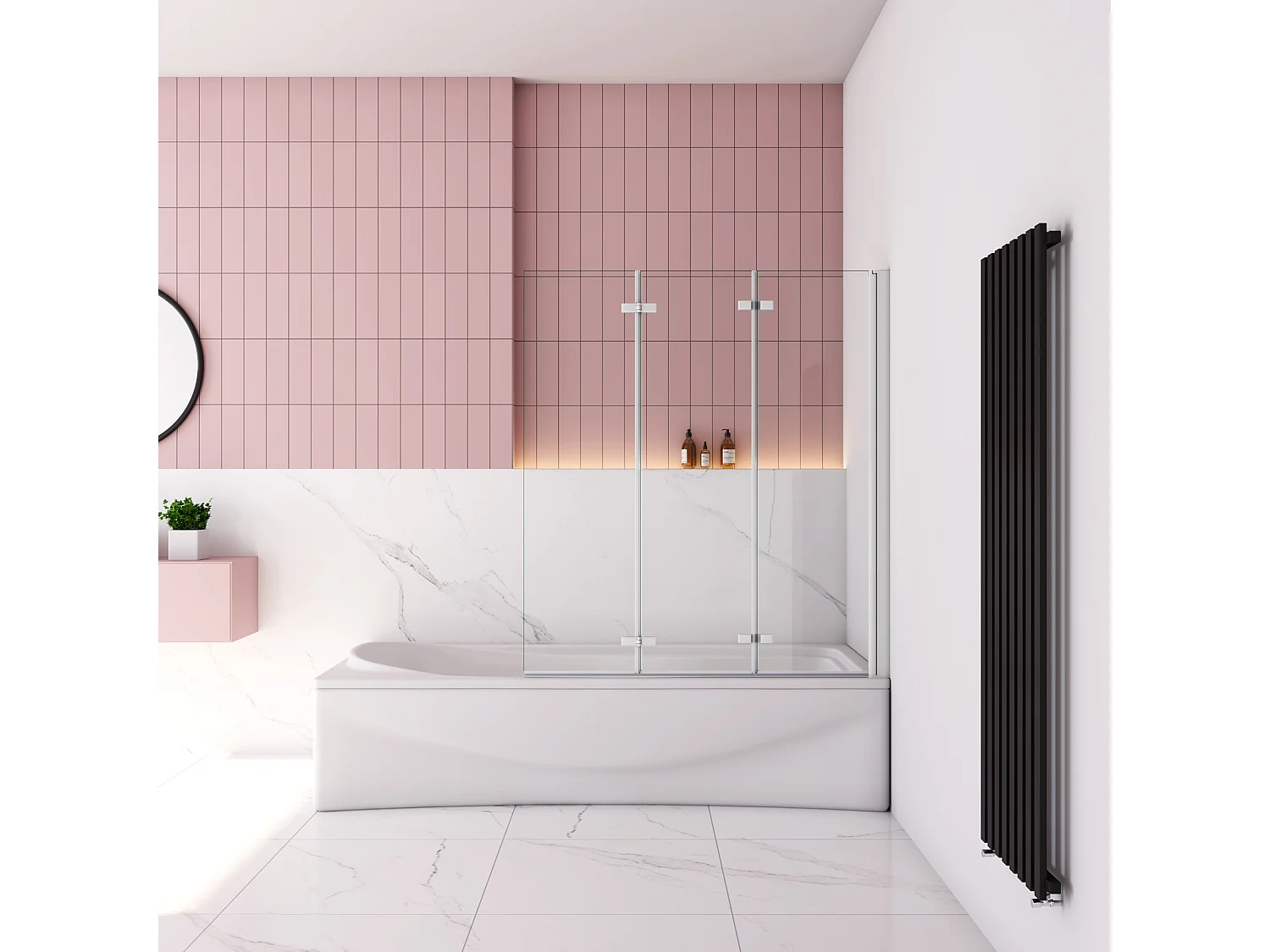 130x140cm Badscherm badwand 3 panelen vouwbaar,6mm NANO helder ESG-veiligheidsglas - mat wit profiel