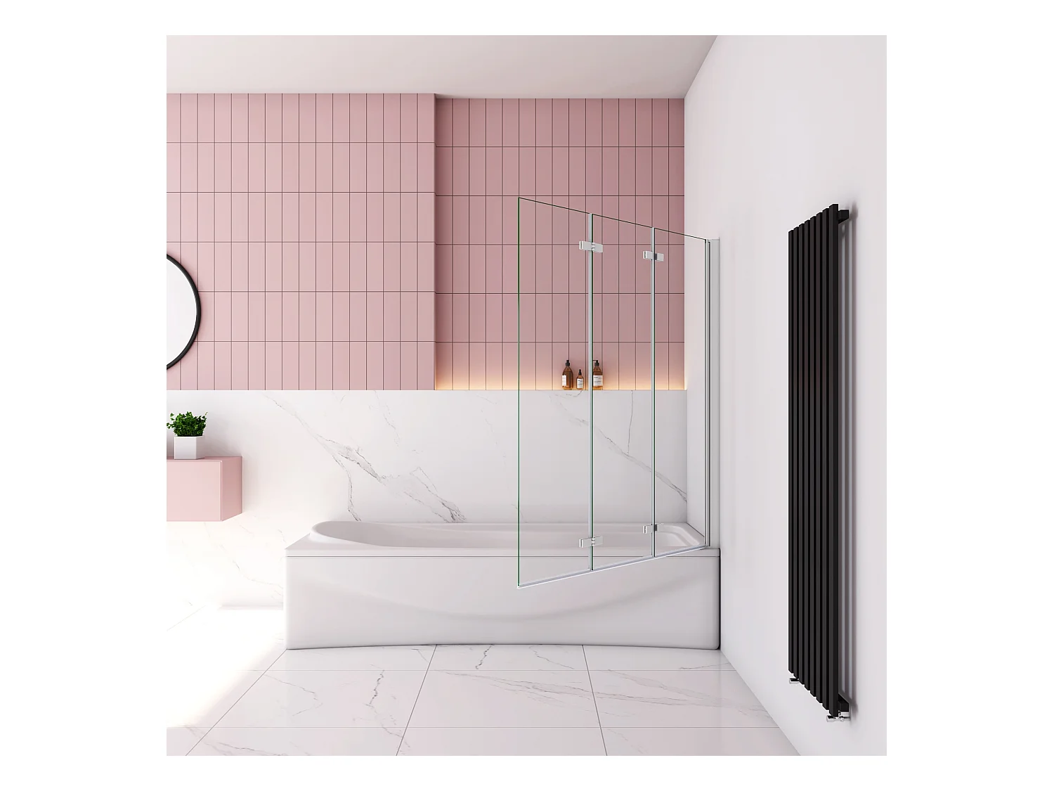 130x140cm Badscherm badwand 3 panelen vouwbaar,6mm NANO helder ESG-veiligheidsglas - mat wit profiel